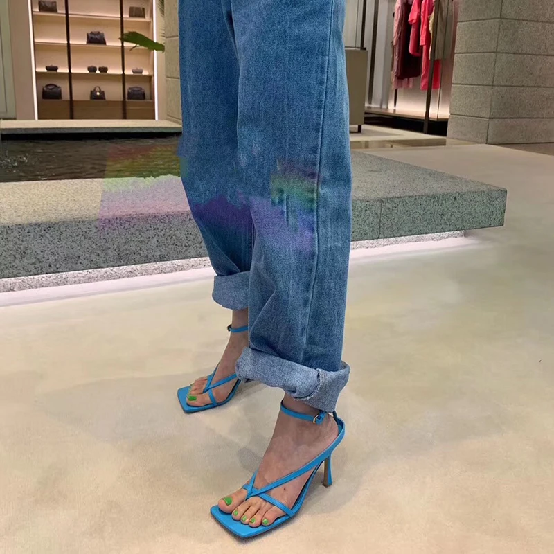 

Prowow Sexy Strappy Sandals Stiletto High Heel Toe-knotted Blue Thong Sandals Street Fashion Celebrity Shoes Women