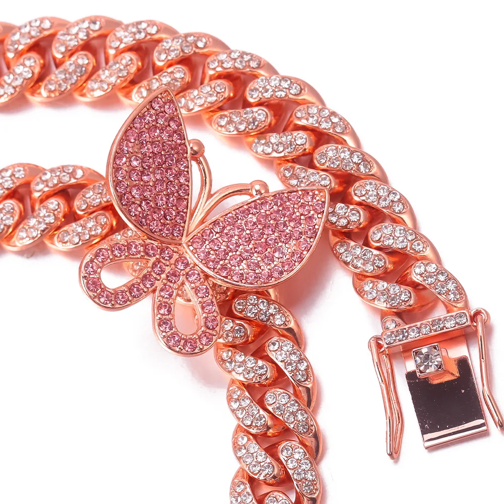 

Hip Hop Cuban link Chain Butterfly Pendant Necklace Pink Womens Jewelry Mens Bling Cubic Zirconia Butterfly Choker Necklace