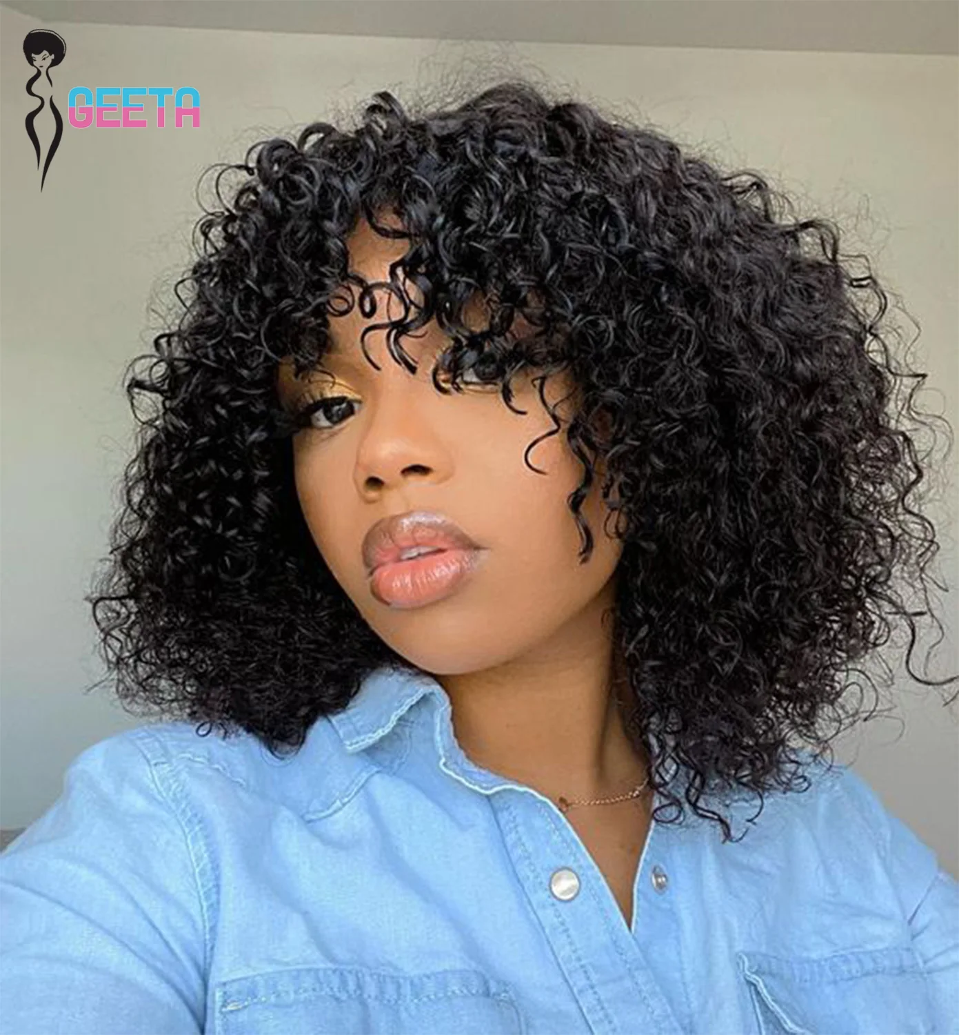 

Kinky Curly Wig With Bangs For Black Women Brazilian Short Curly Bob Wig Human Hair Wigs with Bangs Glueless Cheap Fringe Wigs