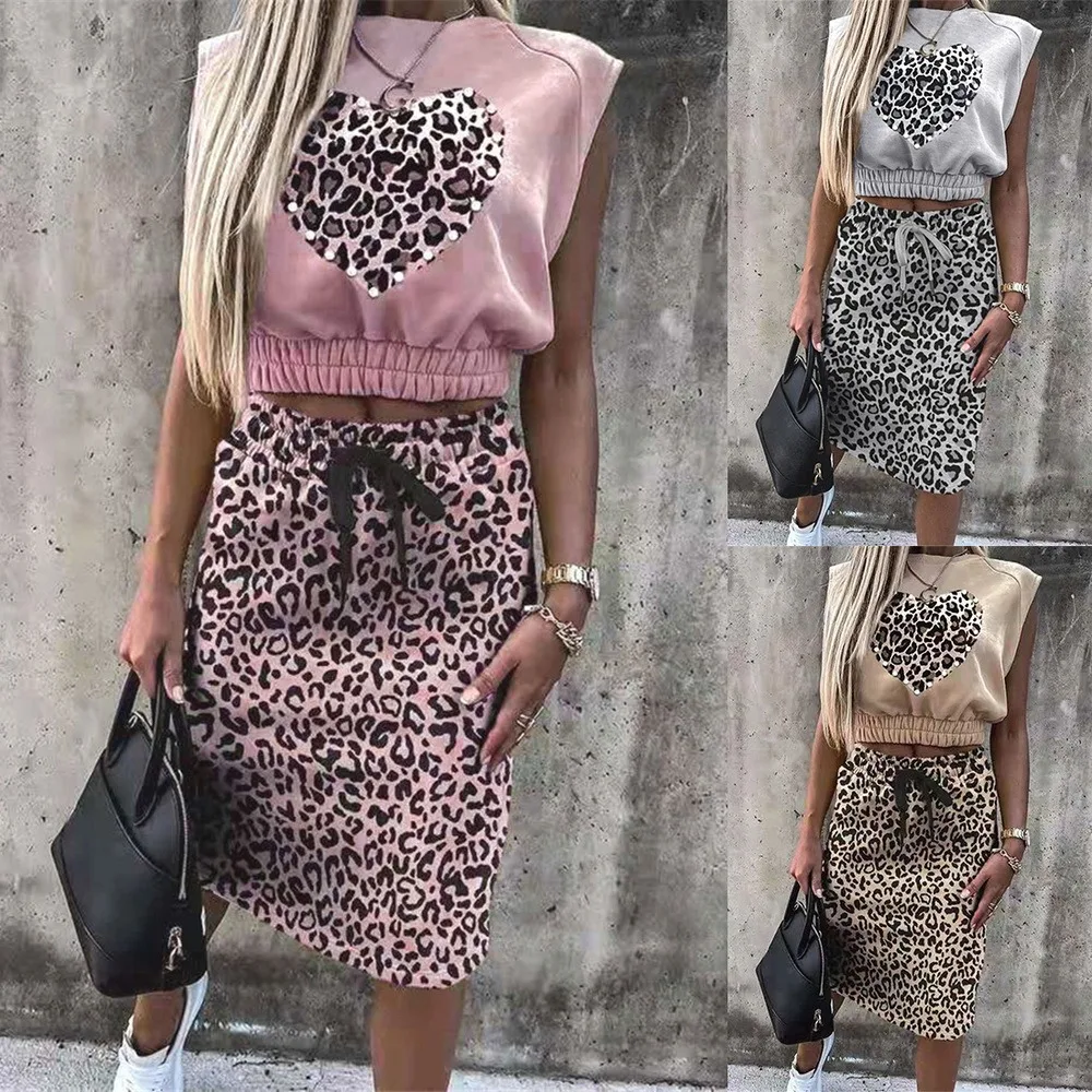 

Office Lady Elegant Skirt Suits Summer Fashion Sleeveless Tops And Casual Drawstring Skirts Outfits Women Print Two Piece Sets