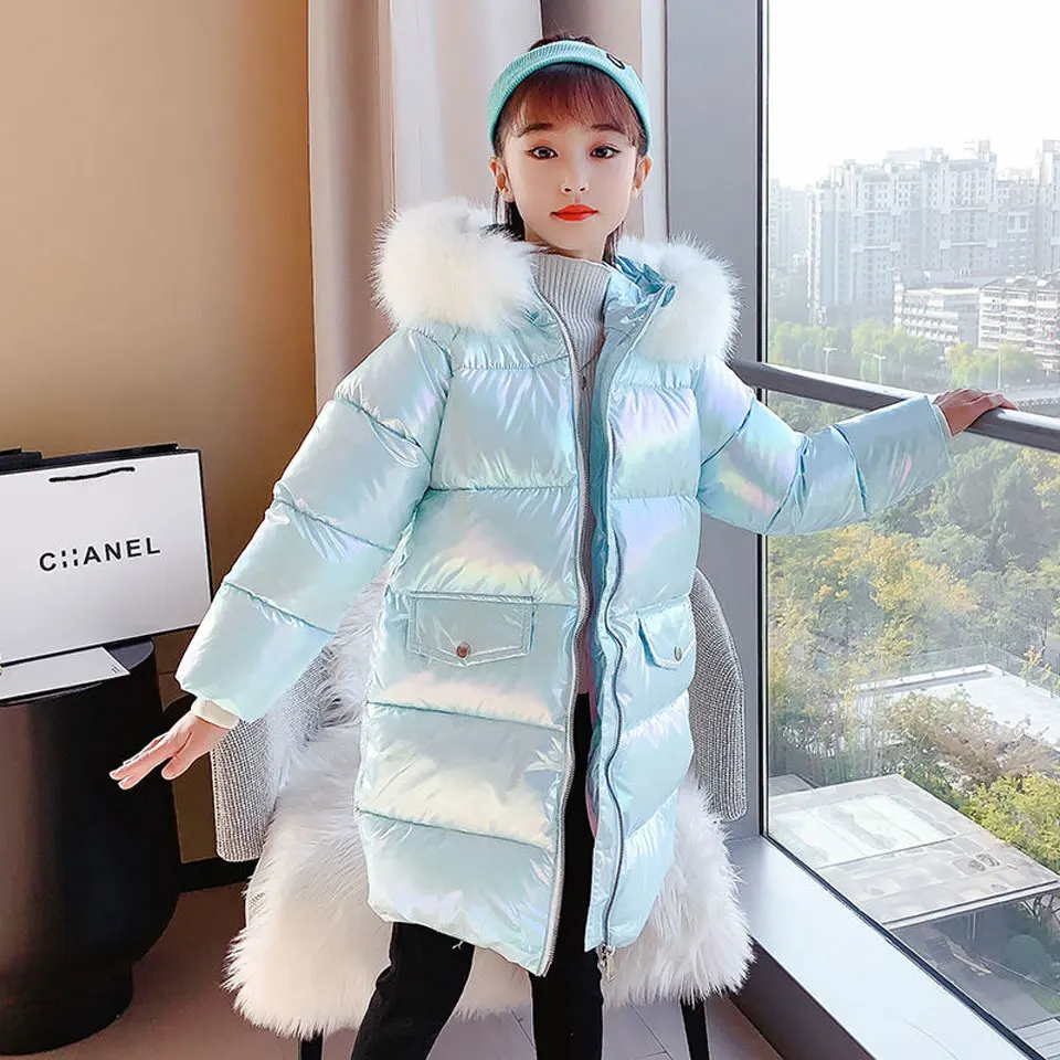 

New Winter Girls Outerwear Hooded Fur Collar Jackets Outwear Thicken Warm Down Parkas Age For 6-14Yrs Mid Big Children Clothes
