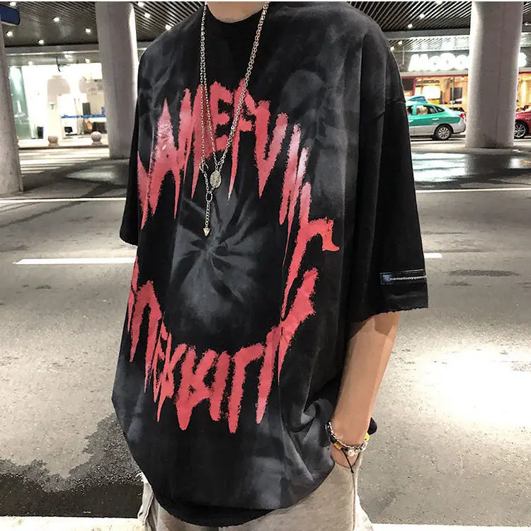 

Summer ins old tie-dyed dark letters high street oversize loose hip-hop trend short sleeve t-shirt men's trend