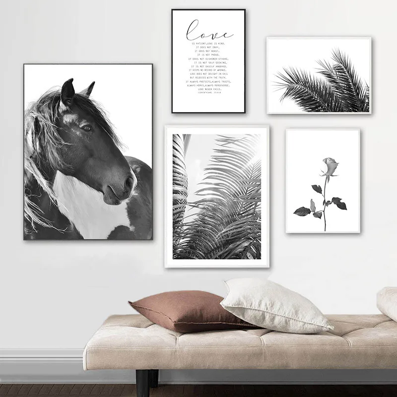 Черный белый цвет Лошадь Wall Art Холст Картина печатный плакат с кружевом детские
