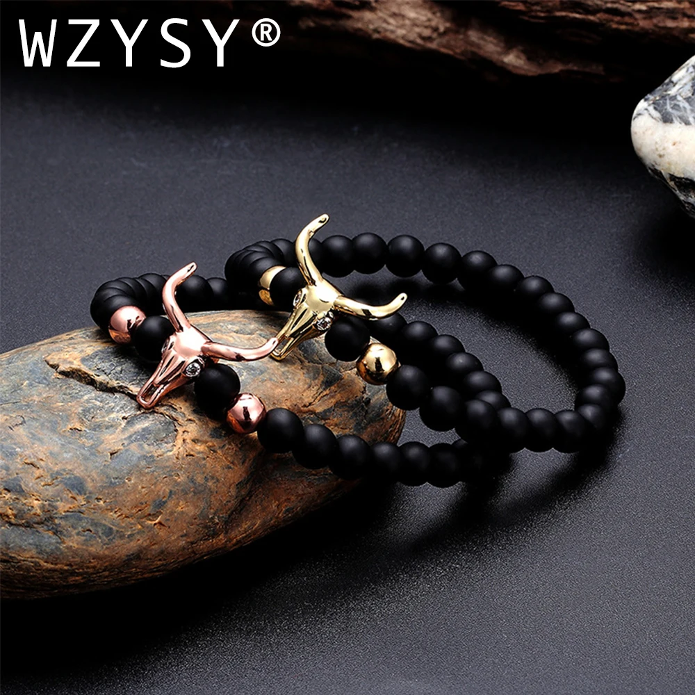 

High quality charm 6mm natural black matte zircon micro inlaid alloy momentum bull head Elastic Bracelet for men and male