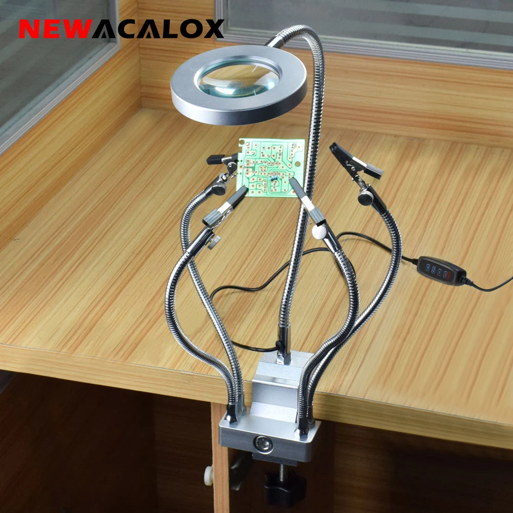 NEWACALOX 3X лупа USB светодиодный тиски, стол, зажим, держатель паяльника, паяльная станция, 5 шт., гибкие ручки, инструмент для третьей руки