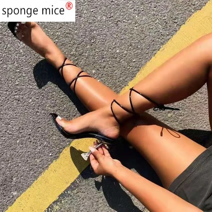 

2021 Summer Pumps New Sexy Gladiator Sandals Shoes Women PVC High Heels Open Toe Sandal Lady Ankle Strap Pump Shoes Size 35-43