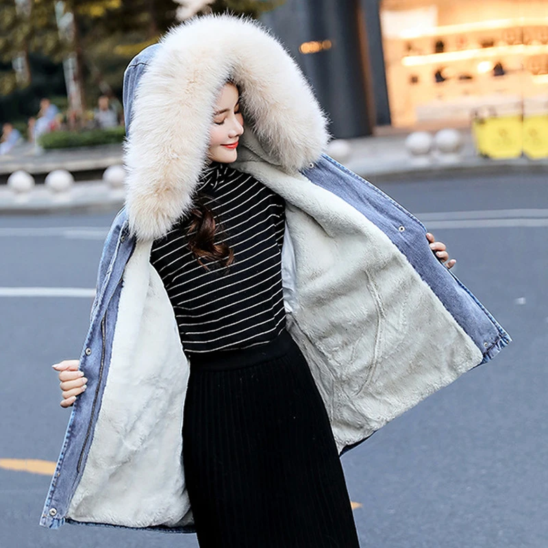 2020 зимняя джинсовая женская куртка с капюшоном настоящим большим меховым