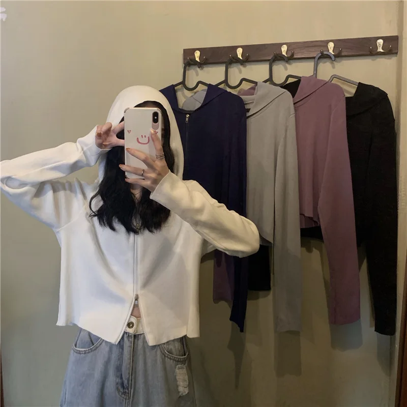 

Women's Sweetshirts Hoodies Autumn Korean Long Sleeve Short Tops Harajuku Design Double Zipper Knitted Sweatshirt Women Pullover