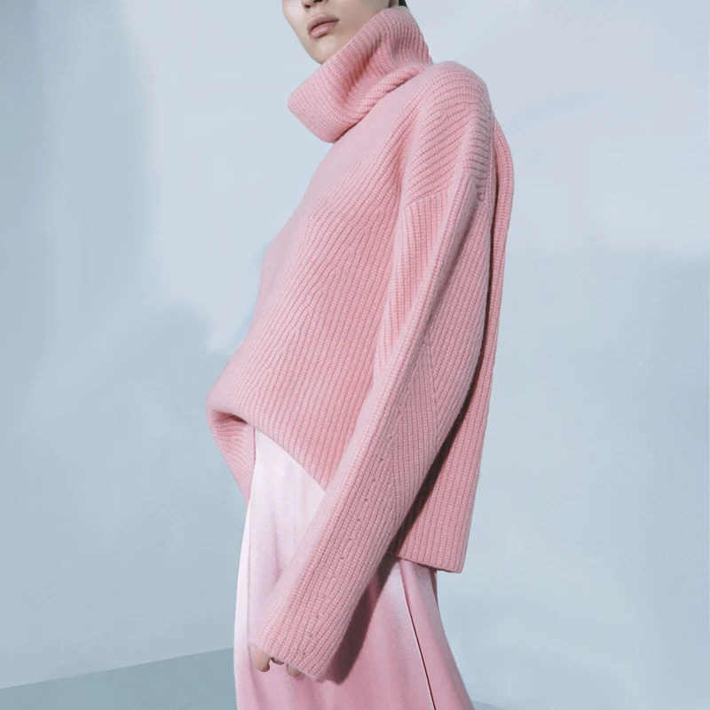 

Loose Outer Wear High-necked Pullover Thick Woolen High-end Versatile Pink Women Sweater Autumn Winter