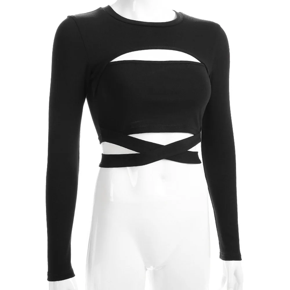 

Gothic Sexy Cross Belt Crop Top Women Hollow Out Black Casual T-shirts Slim Lace-Up Girls Fashion Female Tee Streetwear