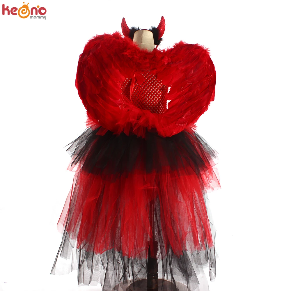 Red Black Devil Bustle Tutu Dress with Horns Wing Girls Halloween Costume Demon Spooky Carnival Purim Fancy Dress Up Clothing