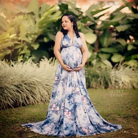 blue floral maternity photography prop stretchy party dresses v neck pregnant clothes maxi condole belt baby shower costume