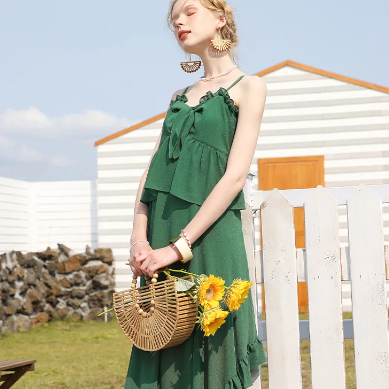 

Fake Two Very Fairy Dresses Dark Green Design Sense Niche Chic Summer V-neck Thin Section Tea Break Irregular Skirt