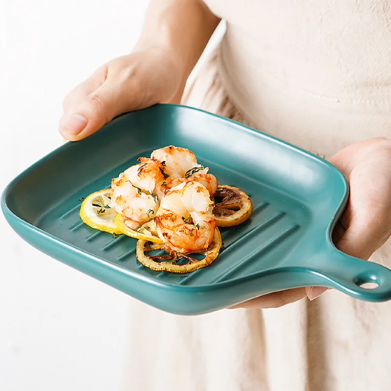

Nordic tableware creative baking tray ceramic western dish home steak pasta west tableware with handle tray