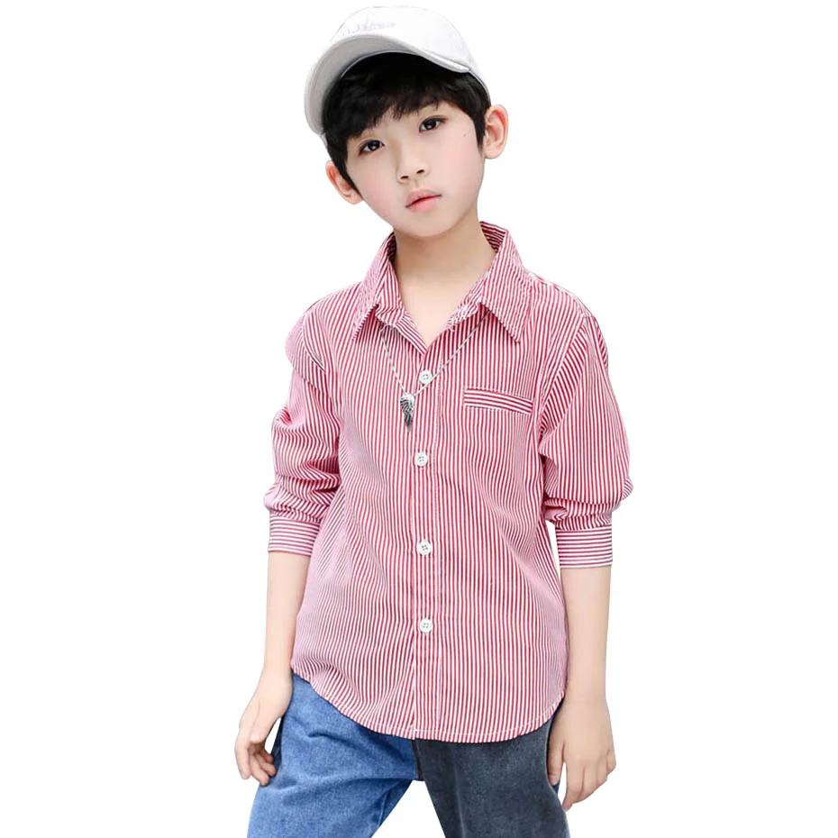 Рубашки для мальчиков модные рубашки в полоску детская блузка с длинным рукавом