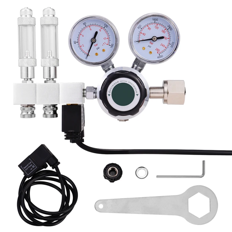 

Aquarium Dual Stage CO2 Regulator Adjustable Output Pressure with DC Solenoid and Integrated High Precision Needle Valve