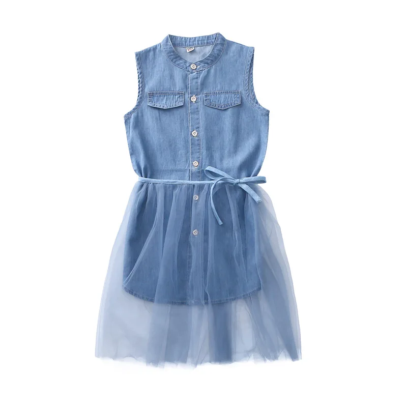 New Girls Dresses in Kids Summer 2019 Solid Blue Jeans Clothes Cotton Sleeveless Party Dress Baby Children Clothing 3-14T | Детская