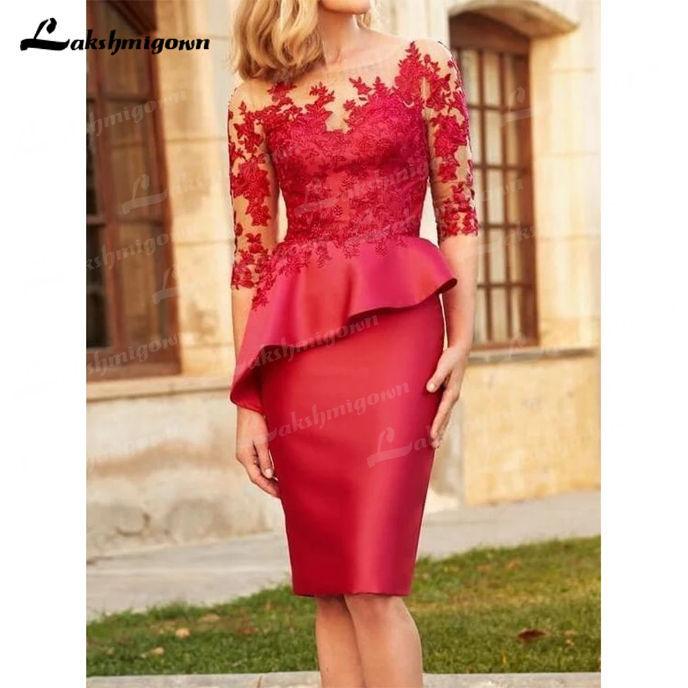 Red Mother Of The Bride Dresses Sheath 1/2 Sleeves Appliques Tiered Knee Length Evening Dresses Mother Groom Plus Size