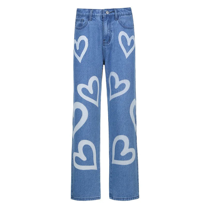 

European and American fashion women's 2021 new high waist slimming love graffiti printing straight-leg casual street style jeans