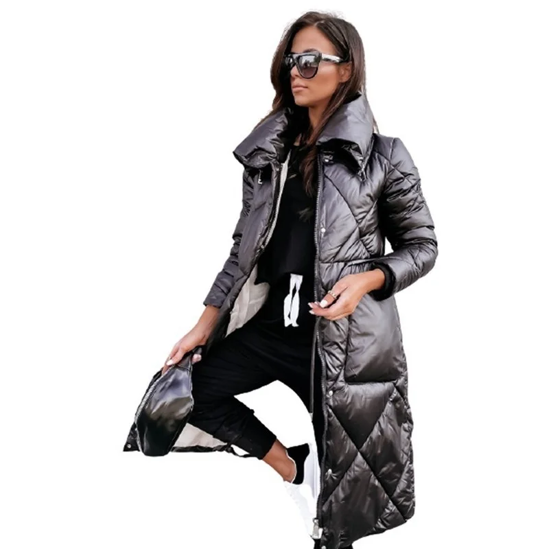 Winter 2021 New Colorful Candy Cotton-padded Jacket Women's Down Padded Turn-down Collar Long Jacket Shiny Warm Padded Parkas