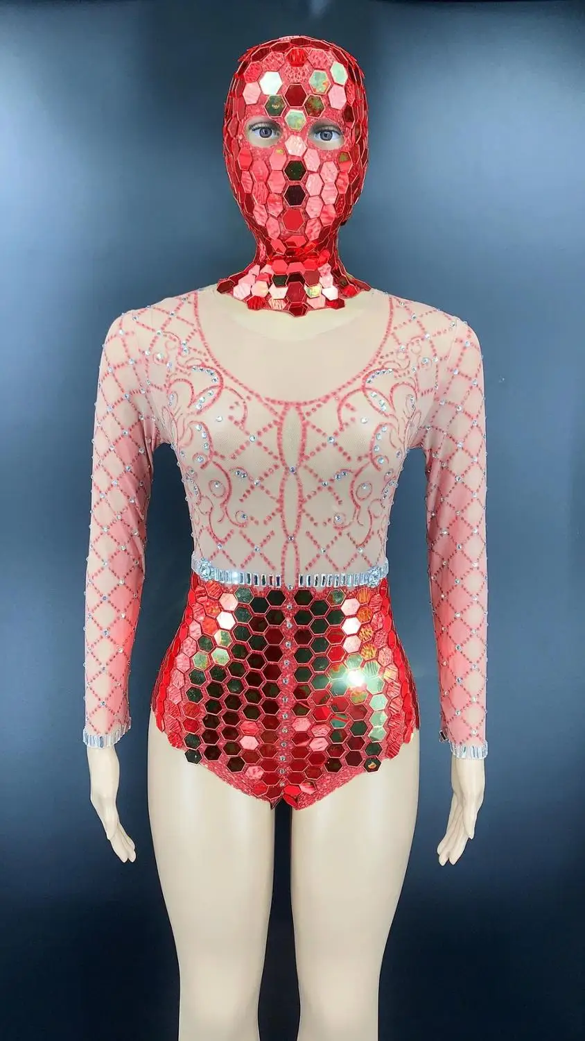 Sexy Stage Gold Mirror Silver Rhinestone Transparent Bodysuit Headdress Women Dancer Prom Wear Birthday Celebrate Bodysuit