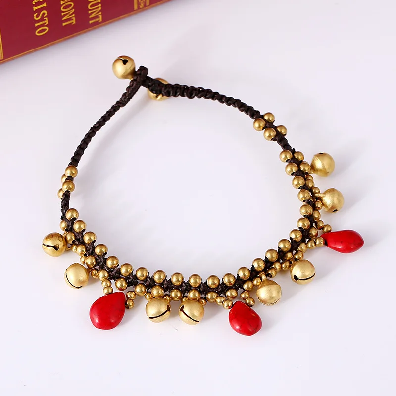

European and American Bohemian Hand-woven Turquoise Bell Pendant Women's Anklet Ethnic Style Retro Beach Holiday Female Anklet