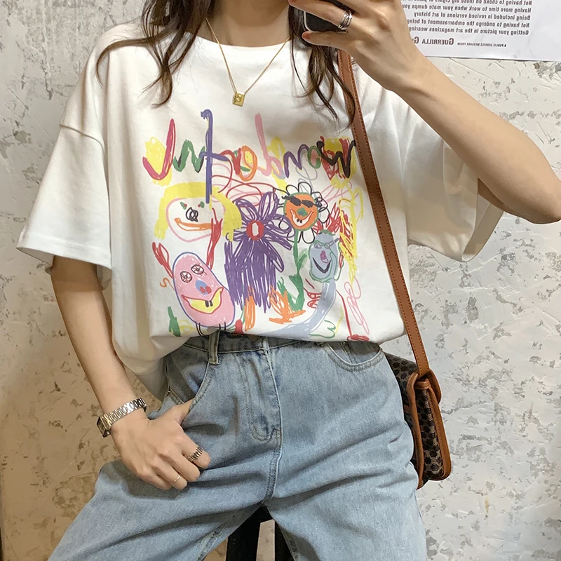 

Short Sleeve White T-Shirt Women Korean Fashion Cute Cartoon Top Student Harajuku Kawaii Casual Streetwear 2021