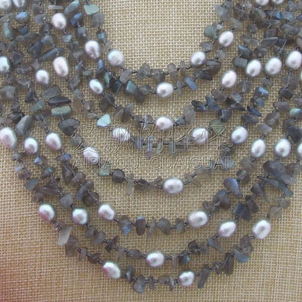 N042002 19 &quot8 нитей жемчуга и Природный лабрадорит ожерелье|natural labradorite|necklace