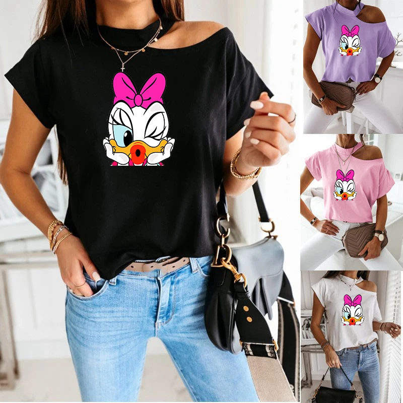 

Disney Woman Kawaii Tops Tshirts Daisy Casual T Shirt Summer Off Shoulder Sexy Short Sleeve Halter Purple Tee Shirts Robes 2021