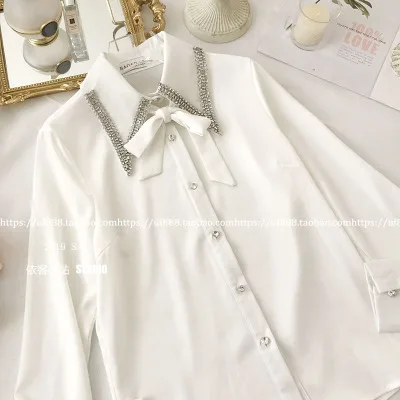 

2020 New Spring Pure Color Top Diamond Sharp Collar Bow Tie Satin Shirt Celebrity Heavy Water Drill Long Sleeve Blouse Lady
