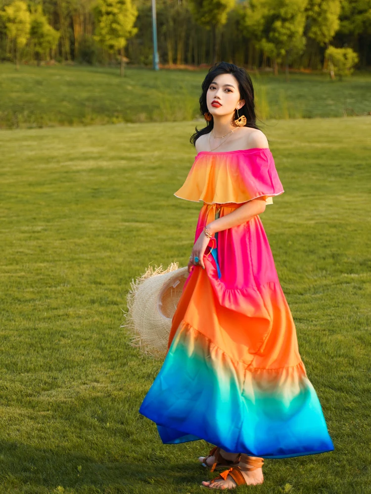 

Custom Make Off The Shoulder-smeared Gradient Beach Skirt Beach Vacation Bohemian Long Mother of The Bride Dresses Plus Size