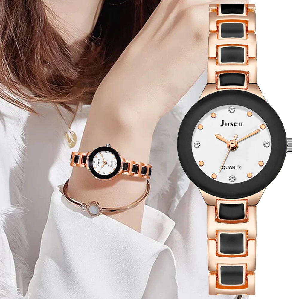 Simple Elegant Women Fashion Watches Diamond Luxury Stainless Steel Ladies Quartz Watch Qualities Black and white Dial Female