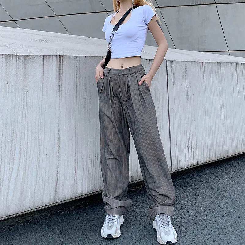 

Fanco New 2020 Autumn Loose Straight Suit Trousers Women's Wide Leg Pants High Waist Pockets Casual Streetwear Joggers Striped