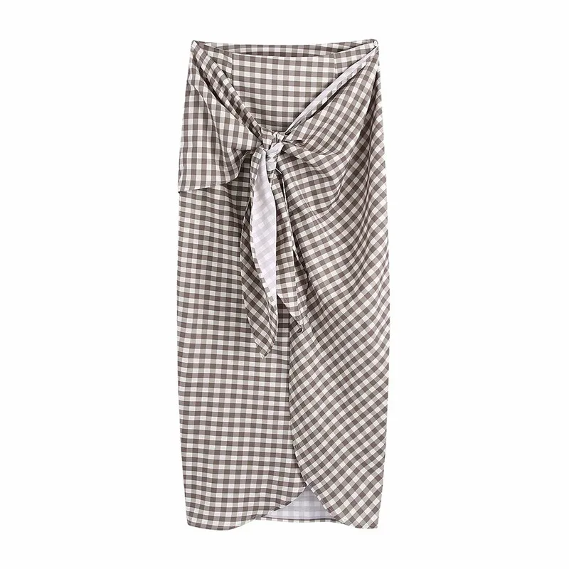 

ZA 2021 Gingham Wraparound Skirt Women High Waist Vintage Pareo Skirts Fashion Side Tie Knotted Woman Slim Ruched Midi Skirt