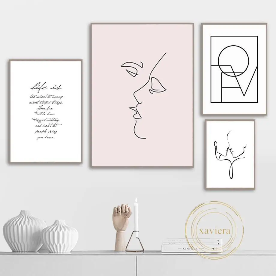 

Scandinavian Minimalist Line Profile Canvas Painting Modern Abstract Love Kiss Wall Art Poster Home Decoration Living Room Mural