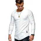 Мужская Однотонная футболка с длинным рукавом, с плиссированными вставками, весенние повседневные топы, пуловеры, модные облегающие базовые Топы, 2021