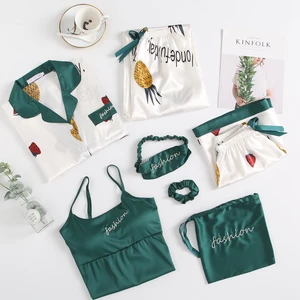 Пижама женская шелковая, с принтом и шортами, на летоосень, 7 предметов