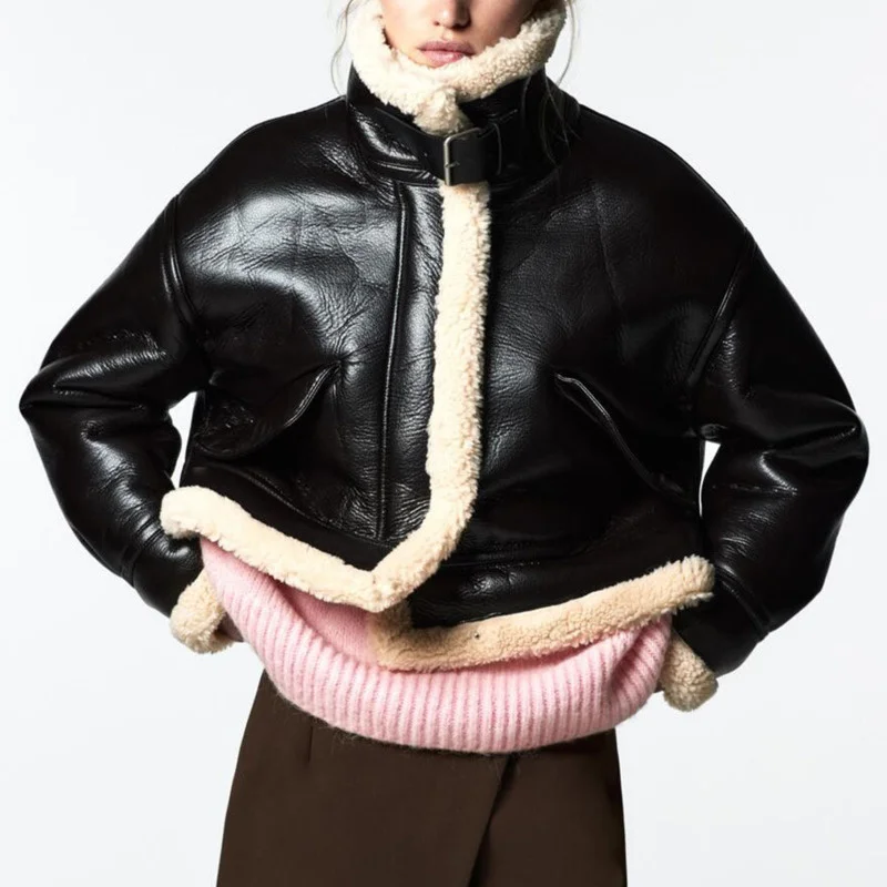 

ZA Winter Coats Women Retro Fur Leather Jackets Thickness Faux Shearling Sheepskin Turtleneck Outwear Women Sheepskin Jacket