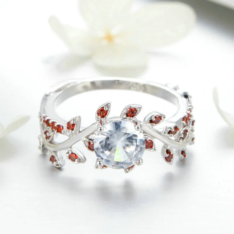Flower Red Leaf Zircon Engagement ruby Ring for Female Fashion Popular Rhinestone Silver Wedding Rings Women Jewelry | Украшения и