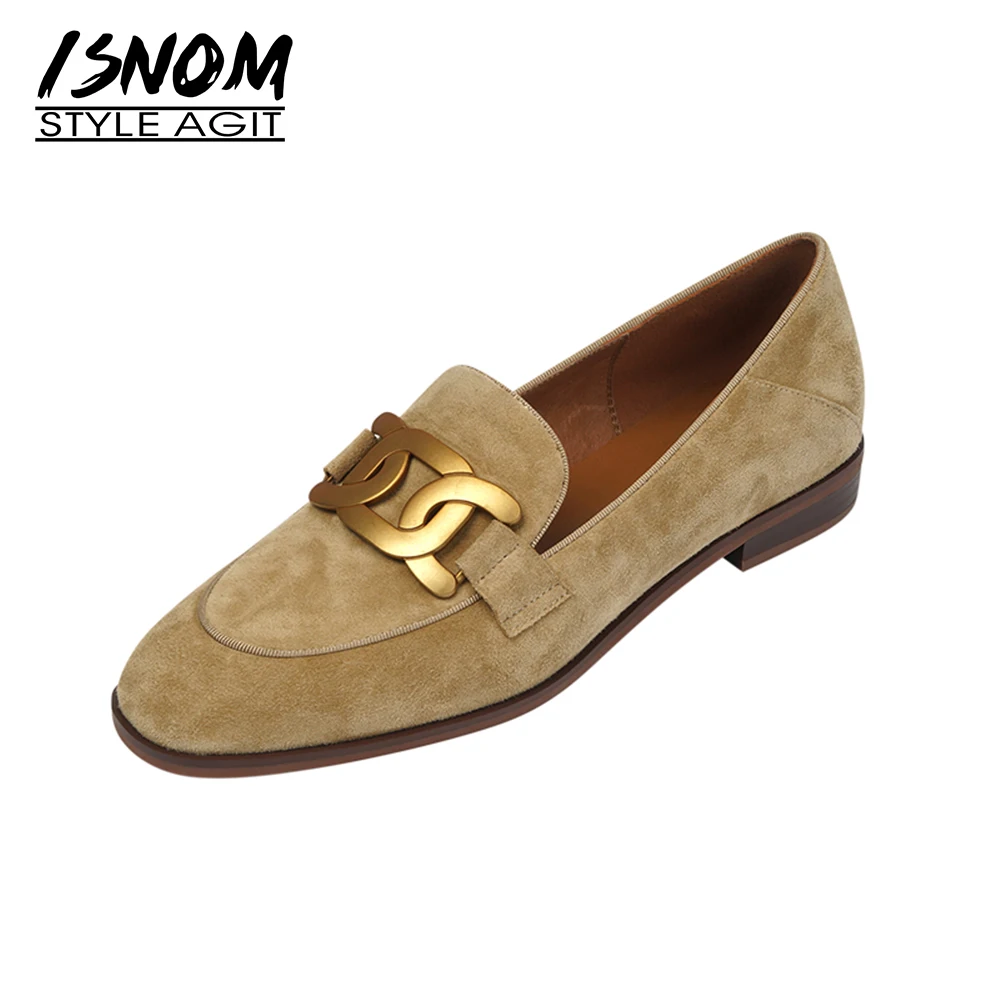 

ISNOM Women Genuine Leather Flats Loafers Round Toe Sheep Suede Chain Loafers Slip on Footwear Ladies Cozy Casual Shoes 2021 New