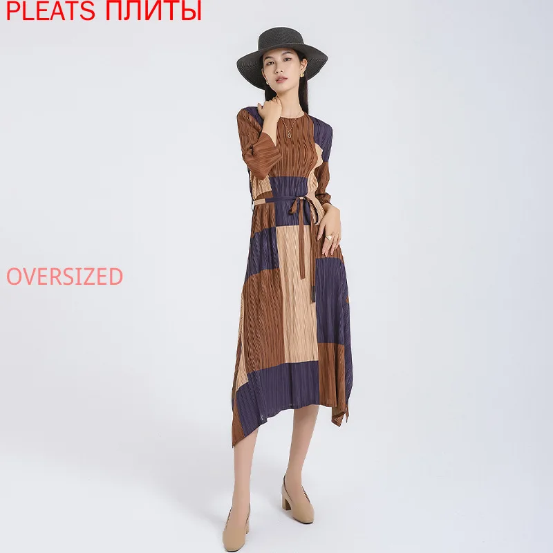 

Autumn New Miyake Pleated Plaid Lace-up Printing Fashionable Temperament Slimming Dress PLEATS Vestidos Robe Femme Vetement