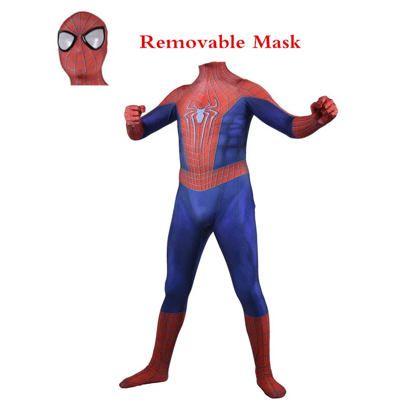 Removable Mask Удивительный Человек-паук 2 комплекта «Человек-паук», Косплэй Костюм Питер Паркер, зентай, облегающий костюм с пауком человек маска Хэллоуин Для мужчин Пижама для детей и взрослых - Цвет: Removable Mask