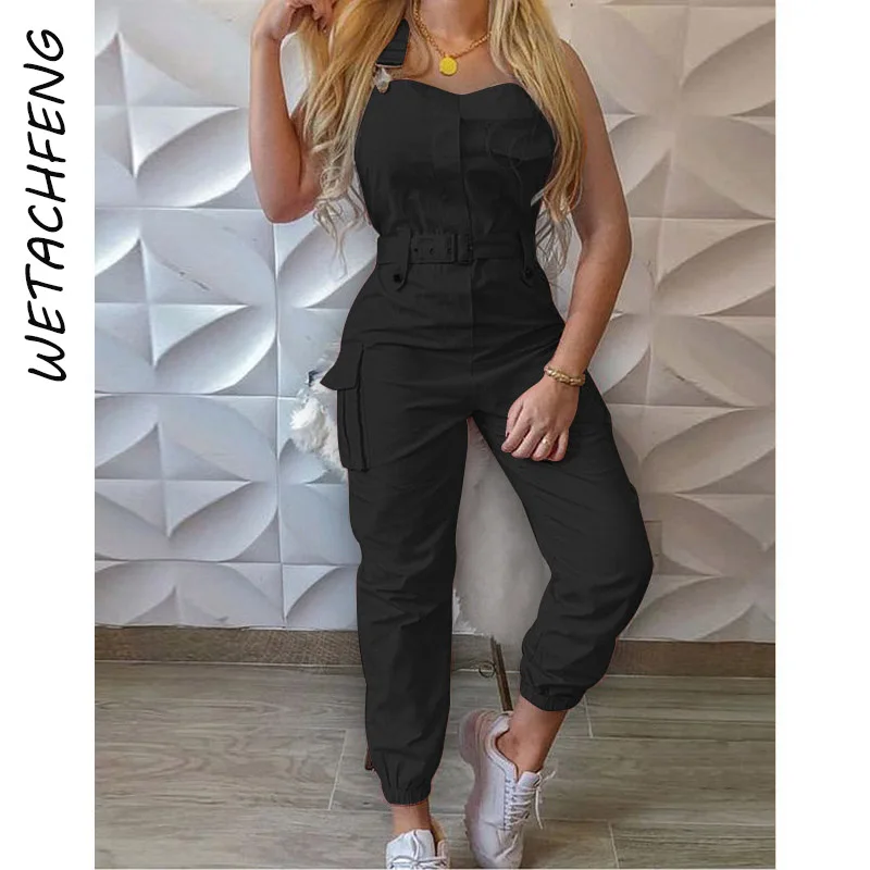 

One Piece Jumpsuit Women Summer Black Sexy Sleeveless Cargo Pants Belt Female Club Outfits Overalls Plus Size Romper Clothing