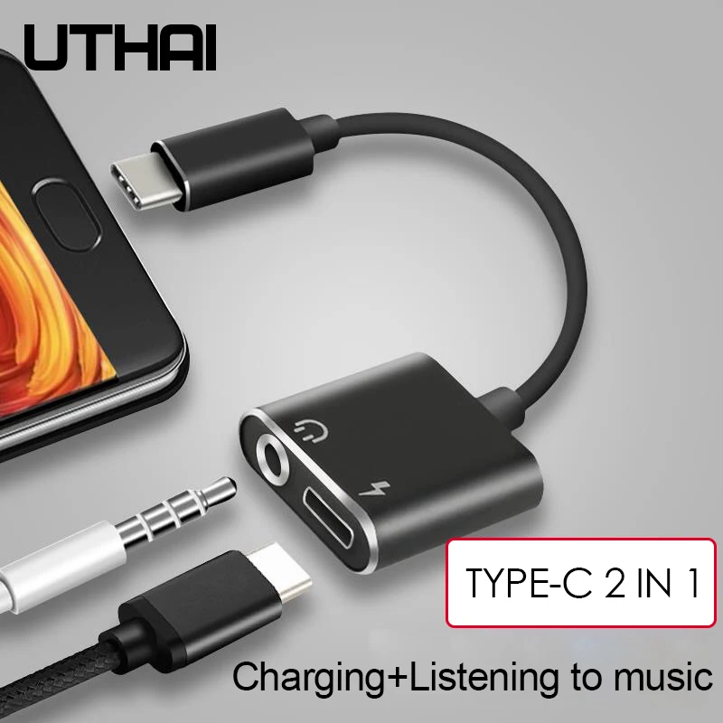 Аудиоадаптер UTHAI T11 Type C на 3 5 мм разъем для наушников конвертер 2 в 1 зарядки кабель