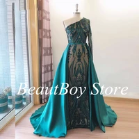 elegant wedding evening dress muslim long sleeves mermaid with detachable train sequined one shoulder prom party gown robes 2022