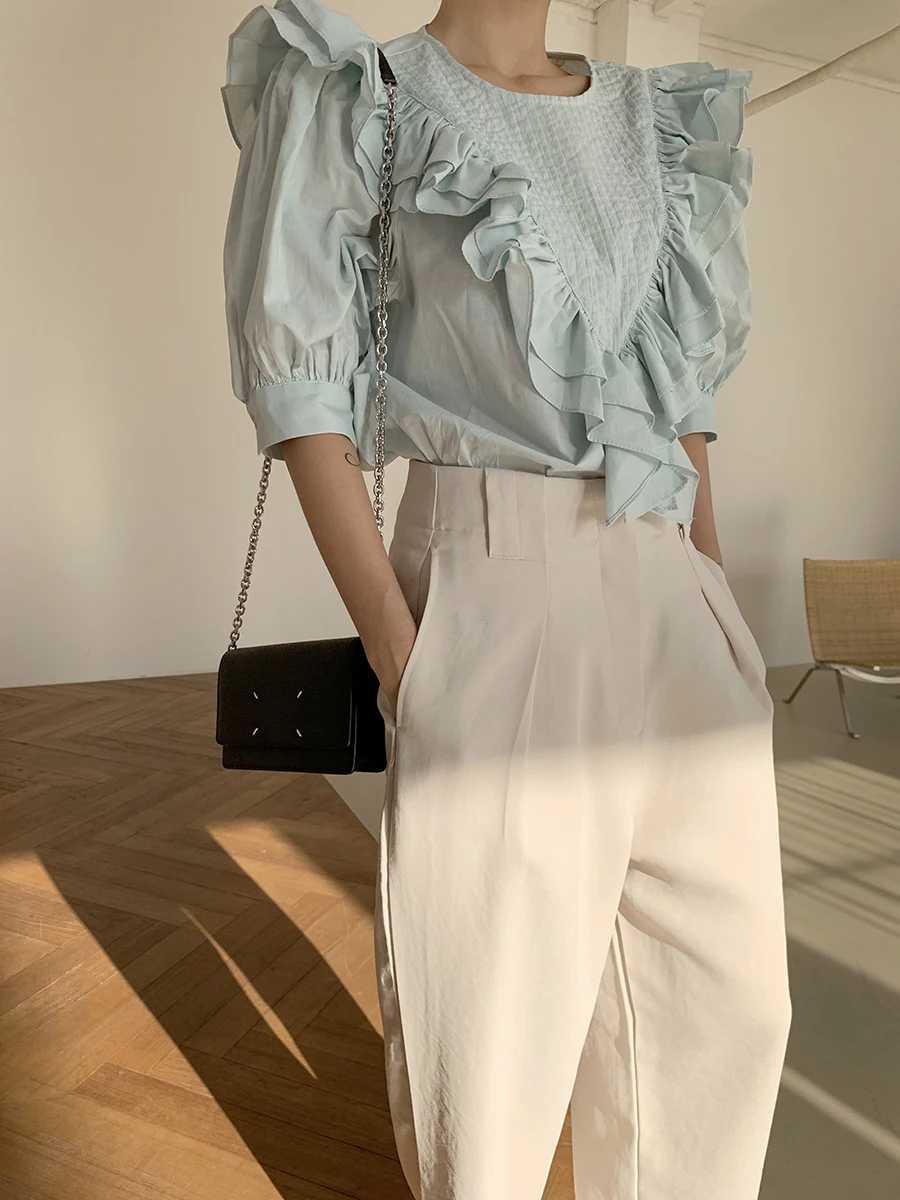 

Chic Korean Style Pleated Ruffles Patchwork Puff Sleeve O Neck Solid Shirt Womens Tops and Blouses P516