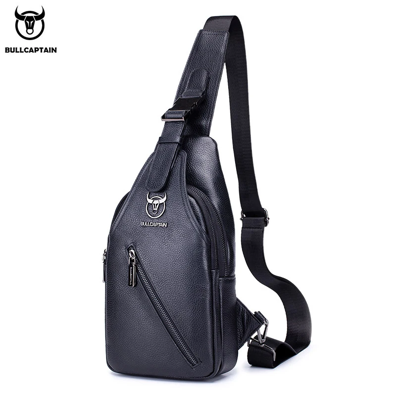 BULLCAPTAIN Men's Leather Chest Bag Multi-Function Travel Storage Bag Men's Messenger Bag Hardware Zipper Leather Bag