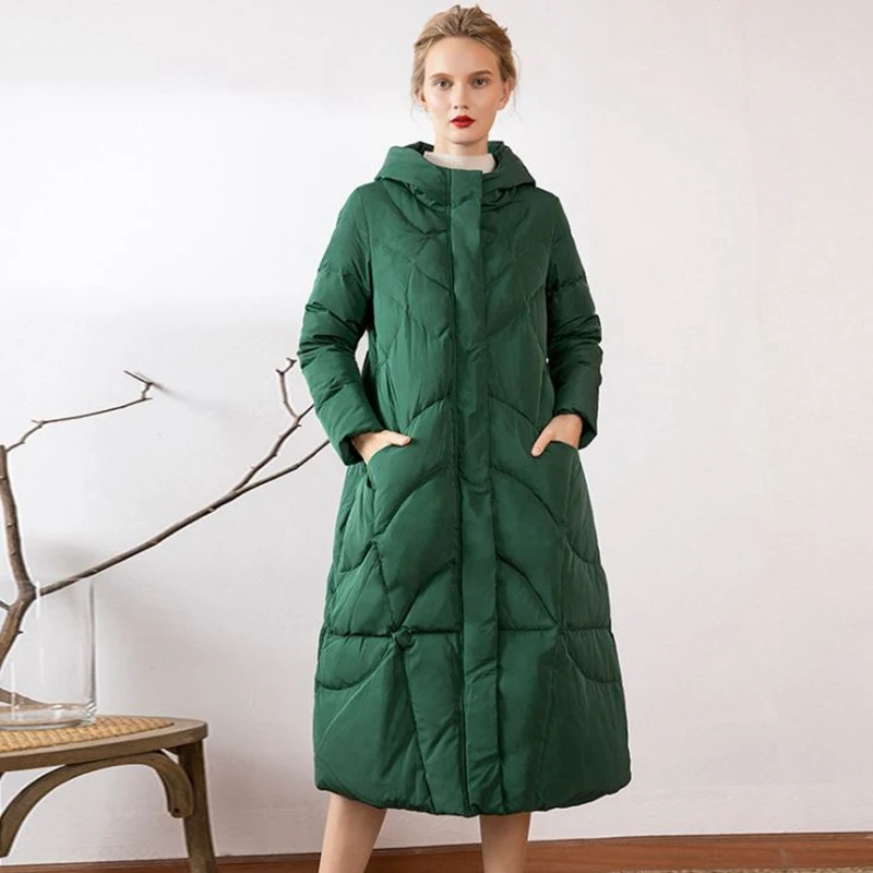 Женский Длинный Зимний пуховик новый стиль Женское пальто на зеленом утином пуху