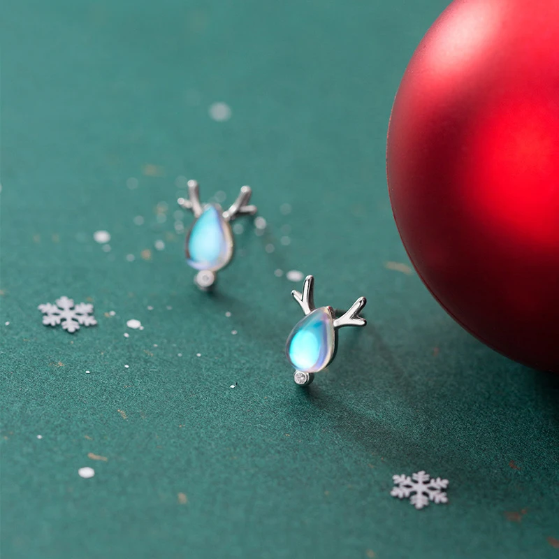 

MloveAcc Christmas Elk Antlers Stud Earrings Real 100% 925 Sterling Silver Lovely Blue Glass Stone for Girls Kids Children Party