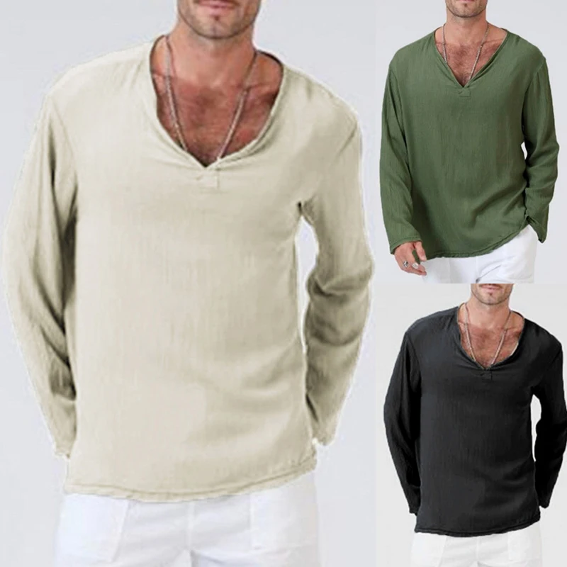 

Популярная мужская Повседневная рубашка с длинным рукавом, летняя крутая свободная Однотонная рубашка с v-образным вырезом, топы
